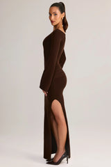 Knit Boat-Neck Long-Sleeve Maxi Dress in Chocolate Brown
