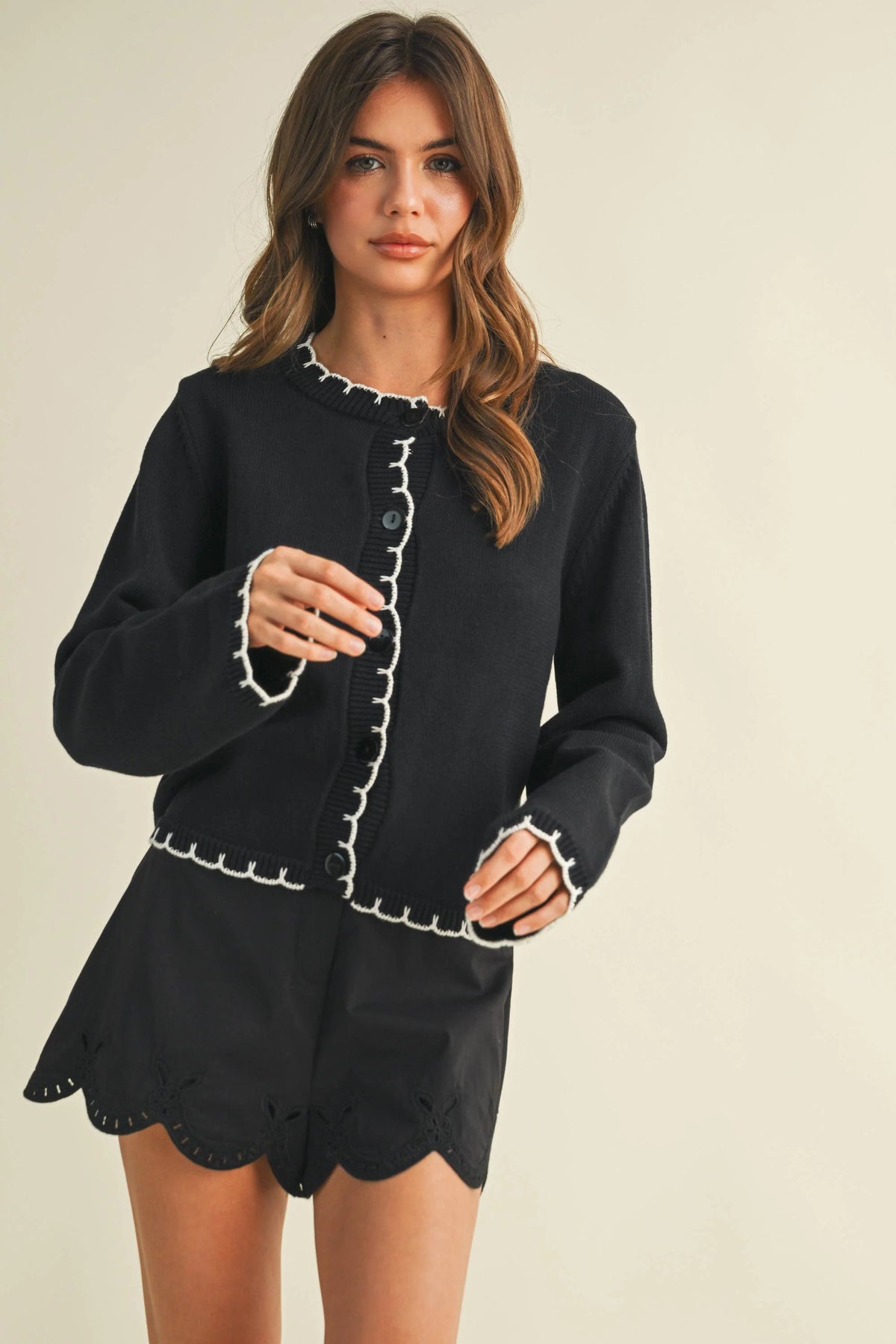 Sheveta Black Contrast Stitch Cardigan