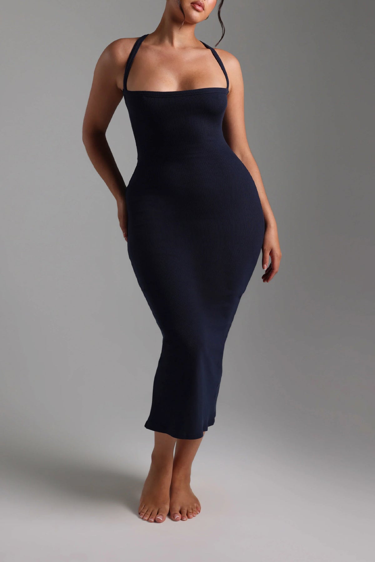 Sheveta Form-Ribbed Cross-Back Midi Dress - Navy