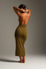 Sheveta Form-Ribbed High Neck Maxi Dress - Olive